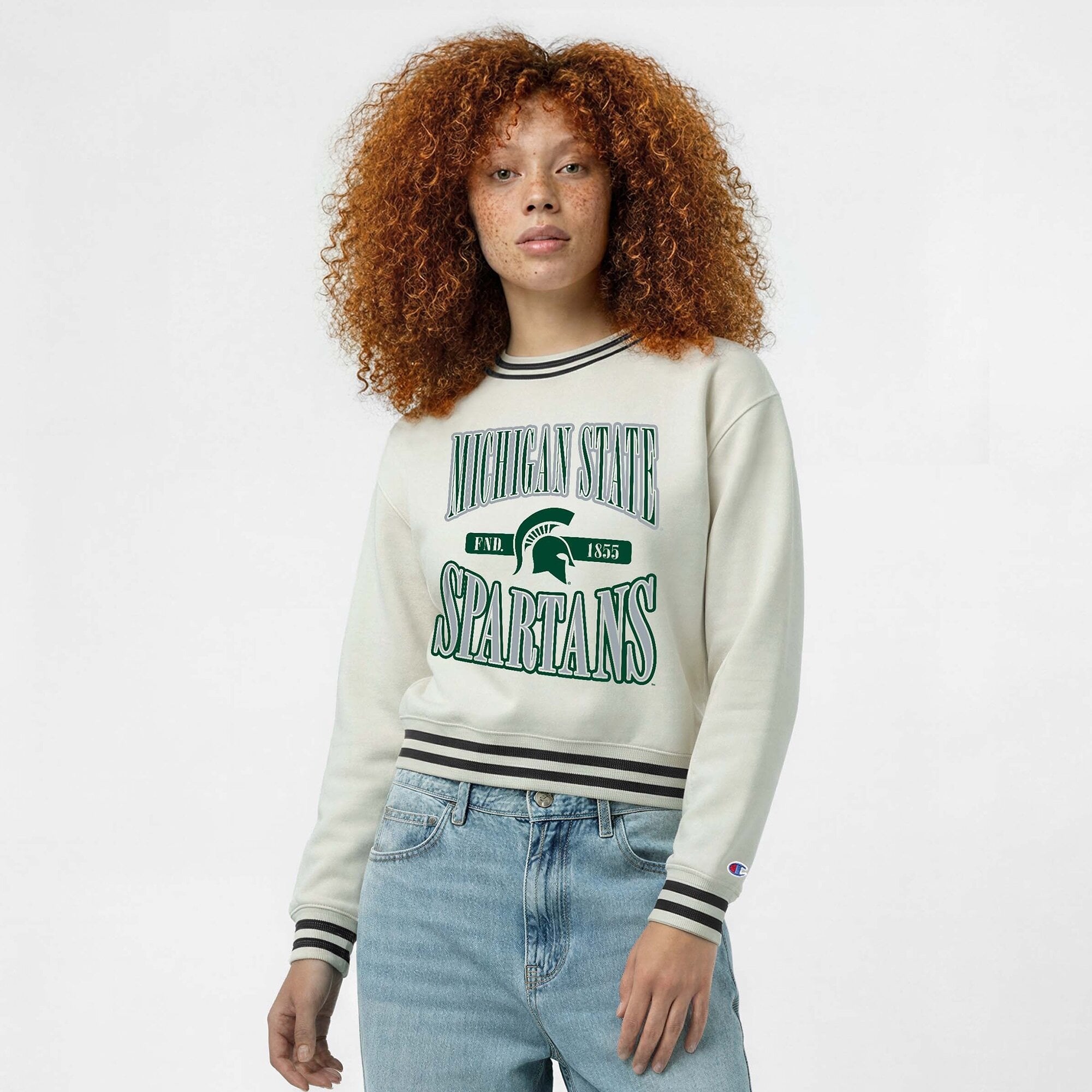 Women's Champion  White Michigan State Spartans Yarn Dye Rib Reverse Weave Crew Sweatshirt